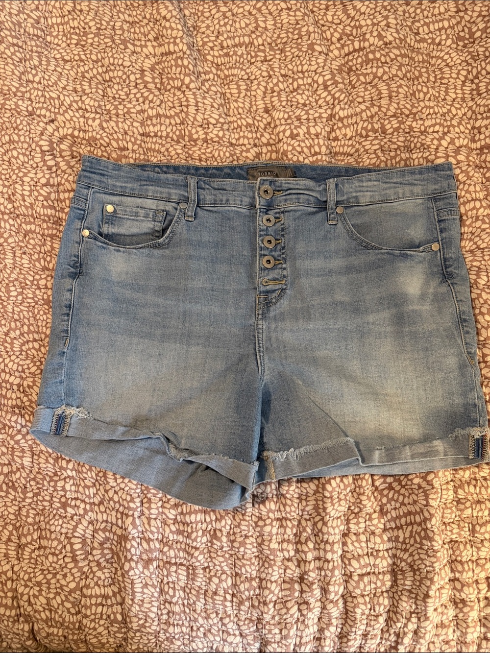 torrid Light Blue Button-Fly Denim Shorts with Rolled Hem